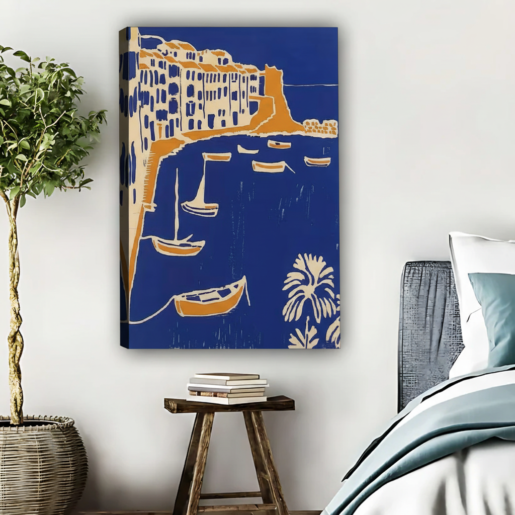Mediterranean Coastal Village Art Print - Blue & Orange Wall Decor|Liberty Signs #L515