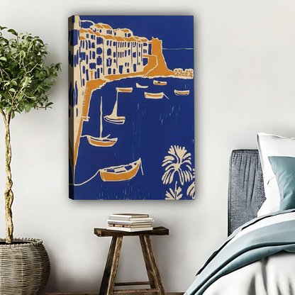 Mediterranean Coastal Village Art Print - Blue & Orange Wall Decor|Liberty Signs #L515