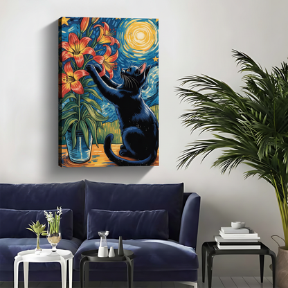 Black Cat with Starry Night Flowers Canvas - Van Gogh Style Art|Liberty Signs #L356