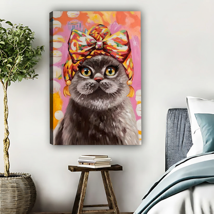 Cat with Bow Wall Art - Whimsical Colorful Animal Print|Liberty Signs #L459