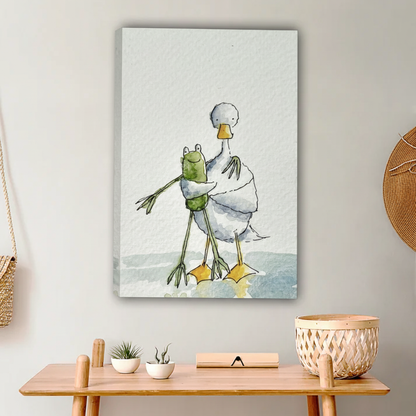 Adorable Duck Holding Frog Art Print - Cute Animal Friendship Wall Decor|Liberty Signs #L653