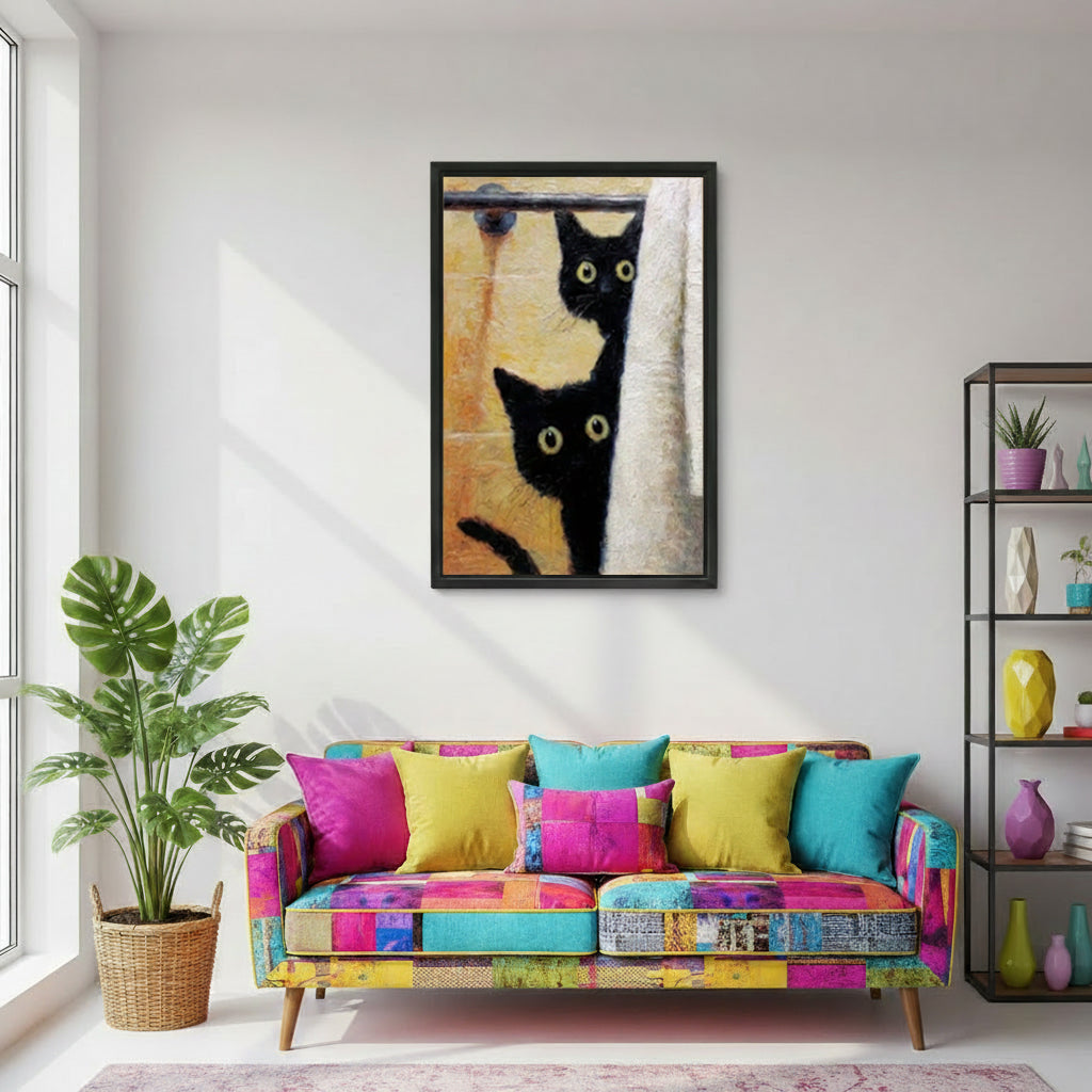 Funny black cats peeking shower curtain framed wall art above colorful patchwork sofa, whimsical oil-style black cat print, black frame, bright eclectic living room