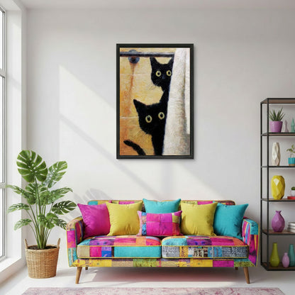 Funny black cats peeking shower curtain framed wall art above colorful patchwork sofa, whimsical oil-style black cat print, black frame, bright eclectic living room