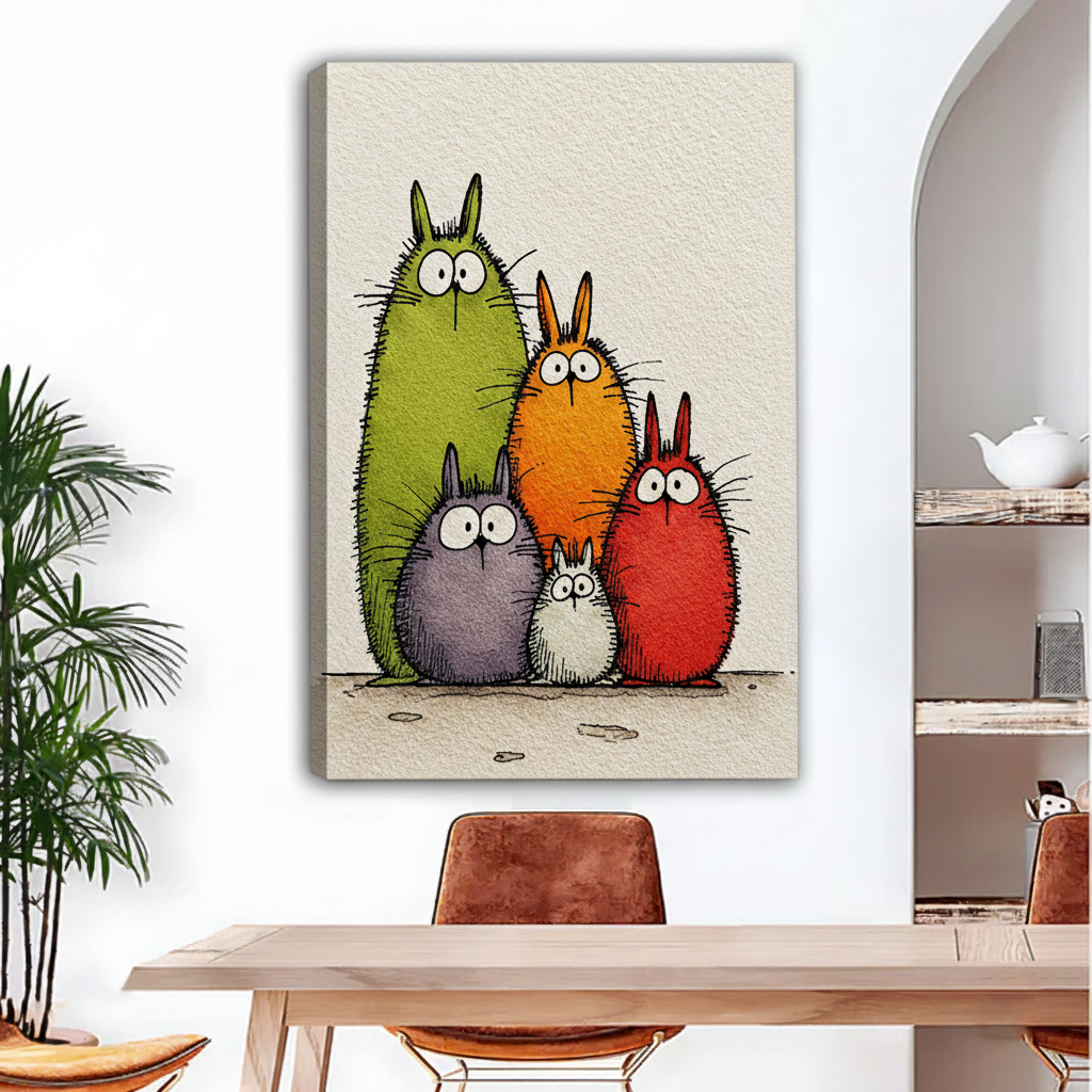 Colorful fuzzy rabbit group portrait framed canvas print for living room