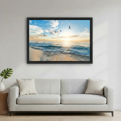 Serene ocean sunrise canvas wall art with seagulls in golden light, coastal framed print for living room