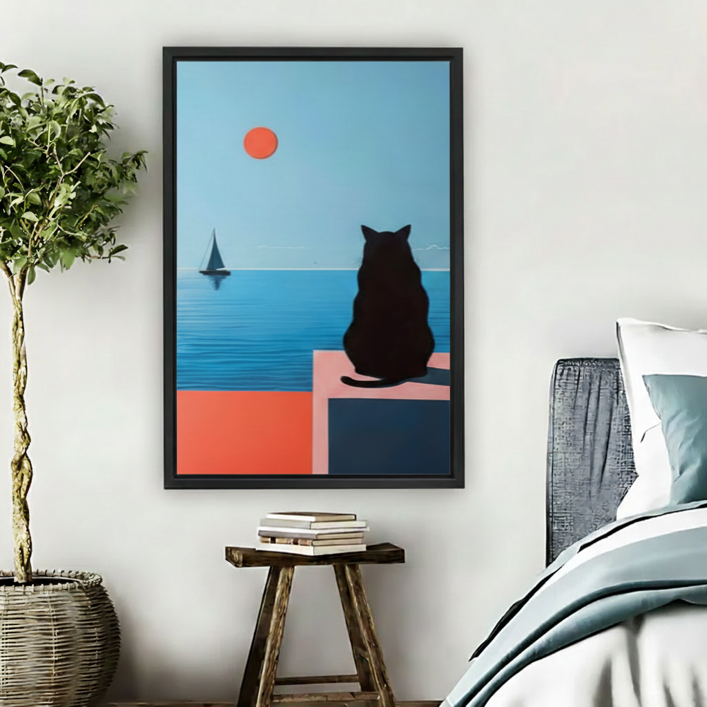 Minimalist Black Cat Ocean View Canvas Wall Art - Bold Framed Print for Modern Home Decor
