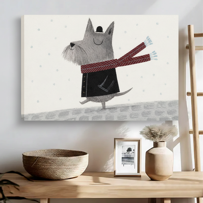 Funny dog in snow framed canvas print, charming wall decor for dog lovers