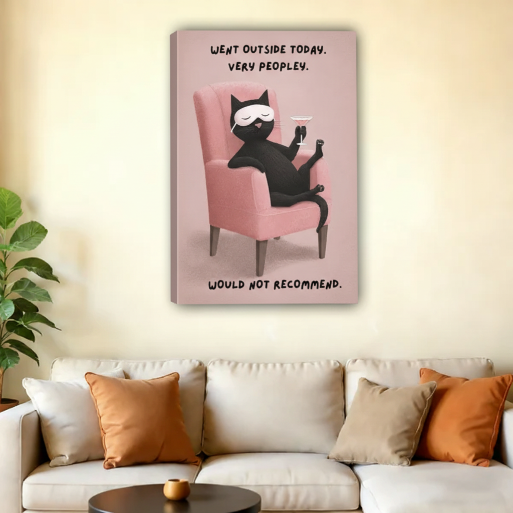 Funny introvert black cat very peopley would not recommend float frame canvas wall art above cream sofa with orange cushions in contemporary living room