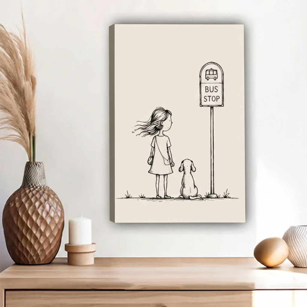 Whimsical girl and dog bus stop minimalist line art float frame canvas wall art above wooden sideboard with pineapple vase and ceramic decor on white wall in contemporary living room