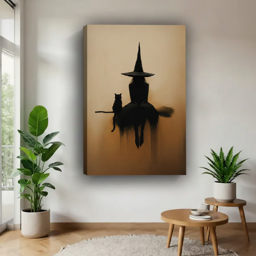 Witch and black cat on broomstick silhouette canvas wall art, frameless gallery wrap, dark luxury amber oil painting style, hung on white wall in a bright minimalist living room with fiddle leaf fig and round wooden side table