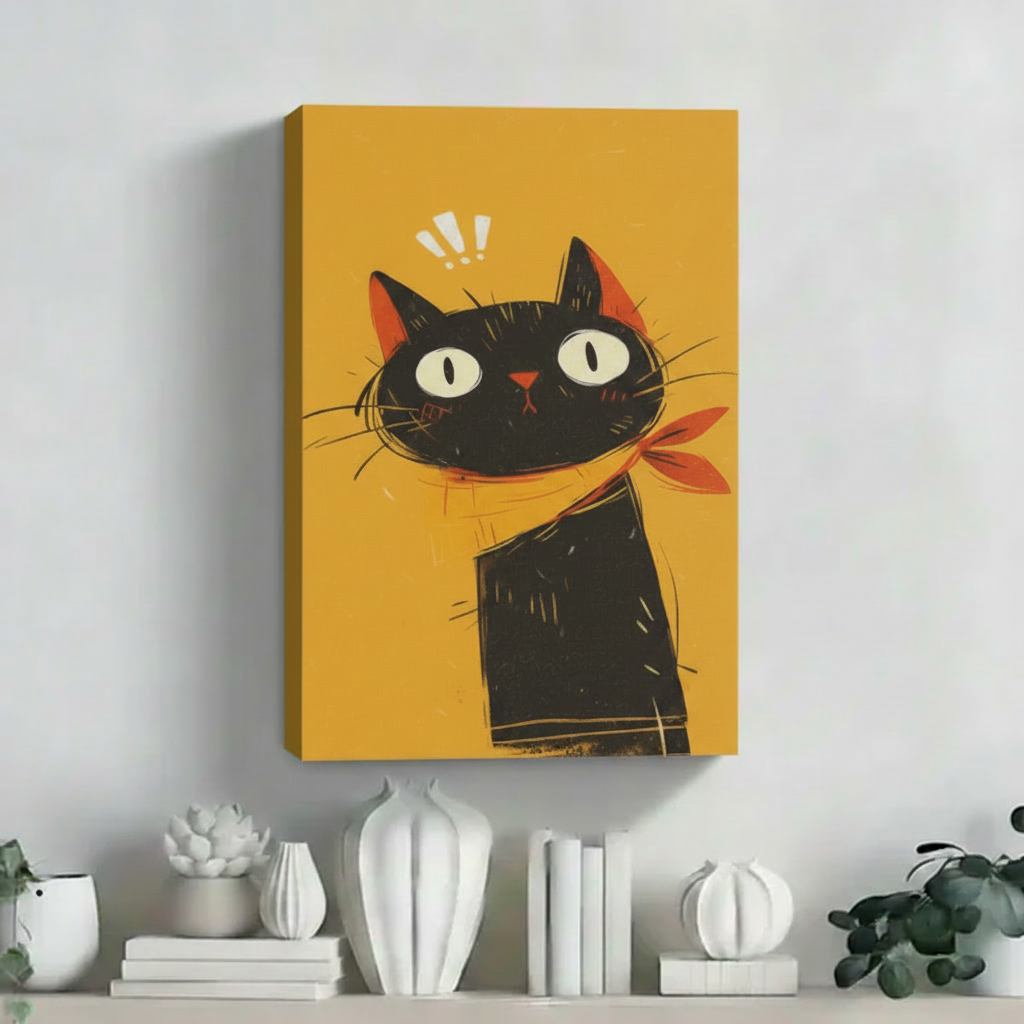 Shocked black cat with orange bow tie yellow background exclamation marks float frame canvas wall art on white shelf with succulent plants and white ceramic vases in contemporary living room