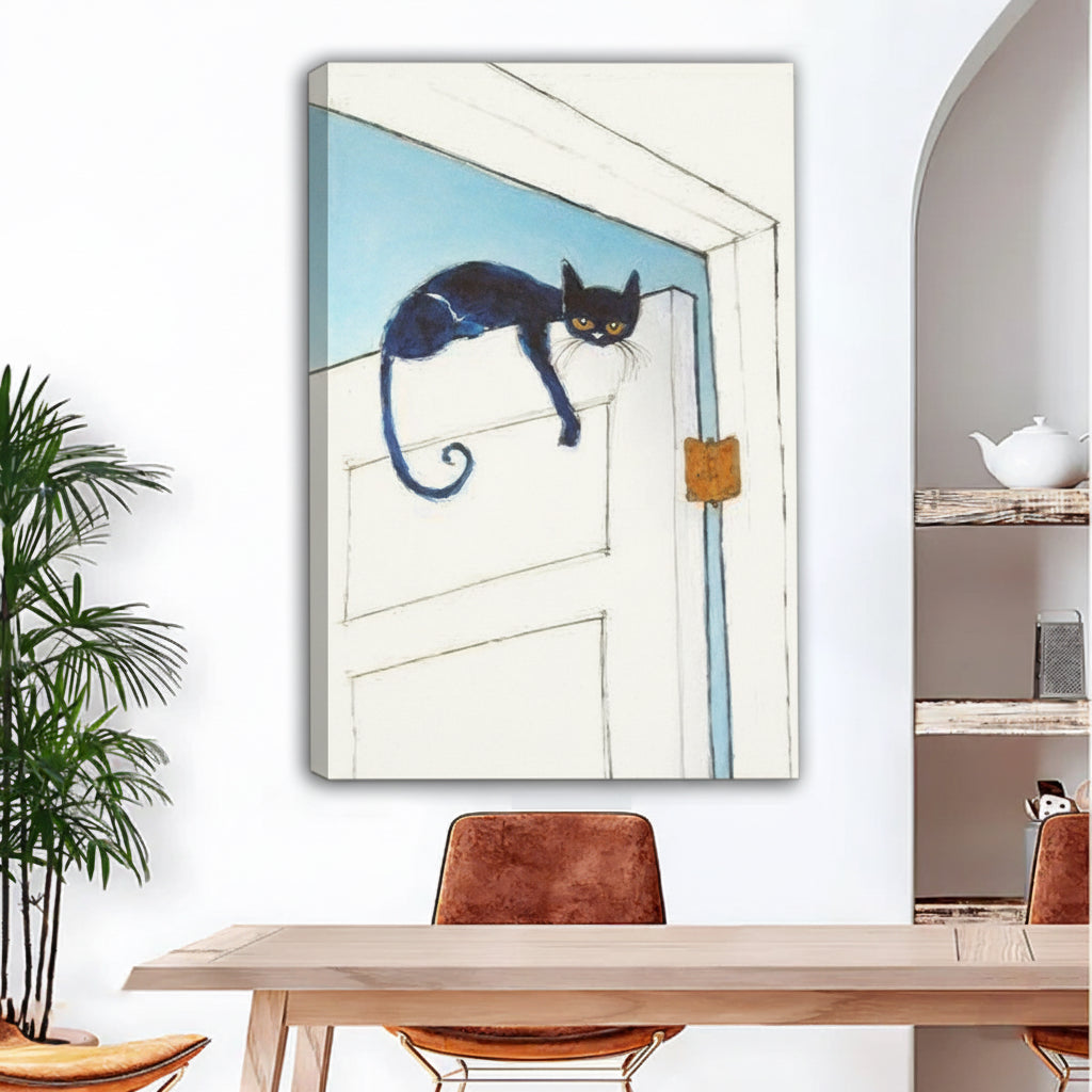 Framed black cat canvas wall art, playful cat lounging on door top, float frame canvas print for modern dining room