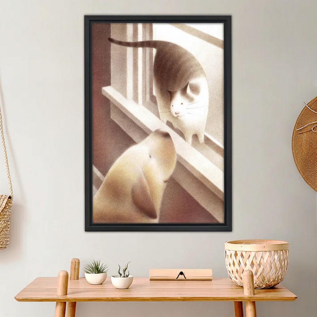 Cat & Dog Staircase Moment Framed Canvas Wall Art| Liberty Signs#L983