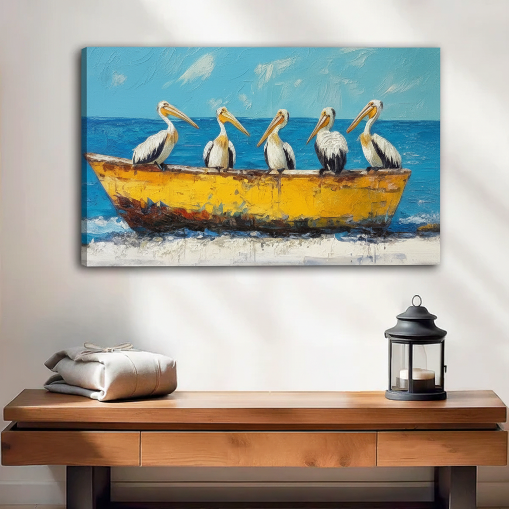 Five pelicans on yellow boat canvas wall art, frameless gallery wrap, bold coastal oil painting blue ocean beach scene, hung above a rustic wooden console table with lantern in a warm neutral entryway