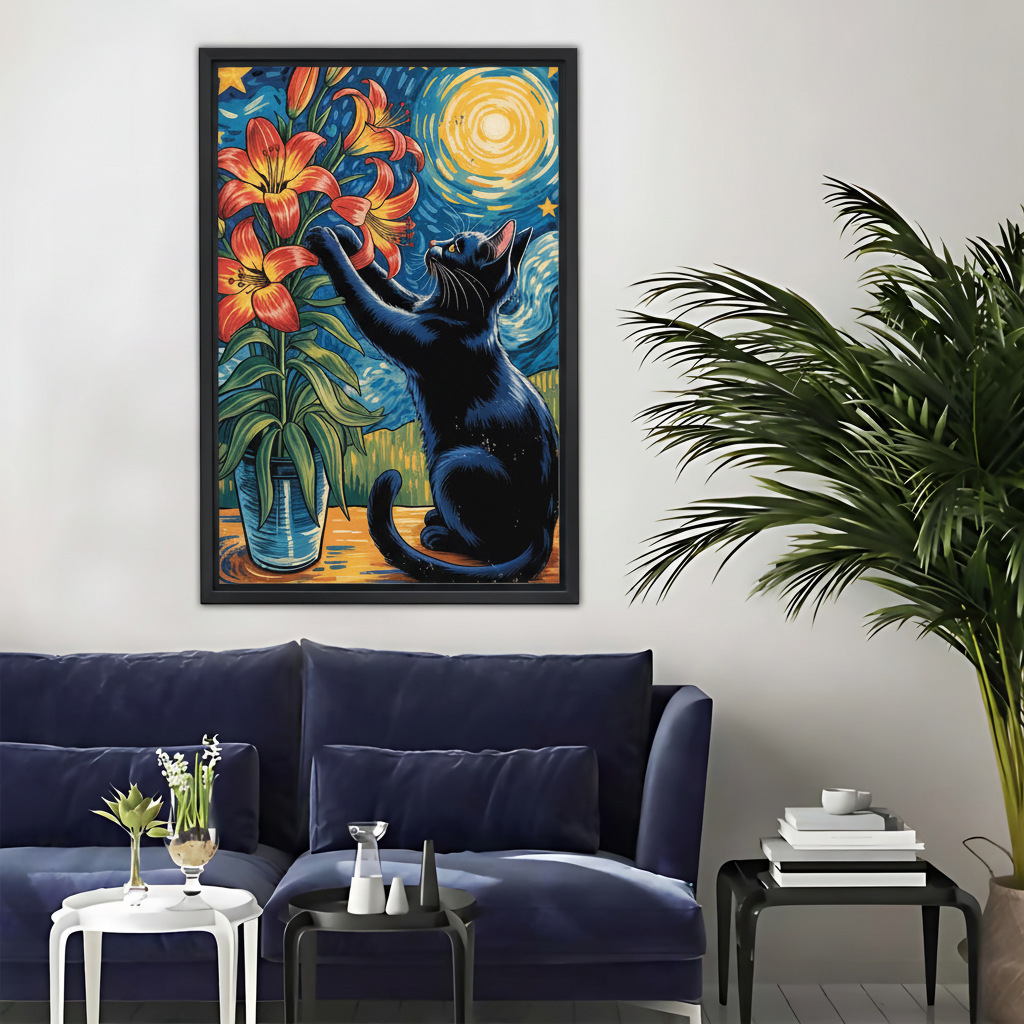 Black Cat with Starry Night Flowers Canvas - Van Gogh Style Art|Liberty Signs #L356