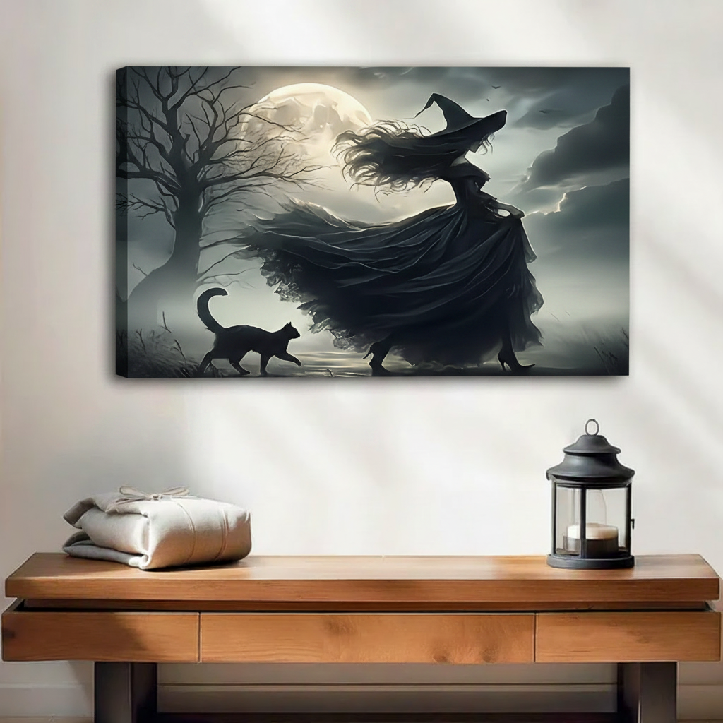 Black cat and witch moonlit night canvas wall art, frameless gallery wrap, dark gothic oil painting style, hung above a rustic wooden console table with lantern in a warm neutral entryway