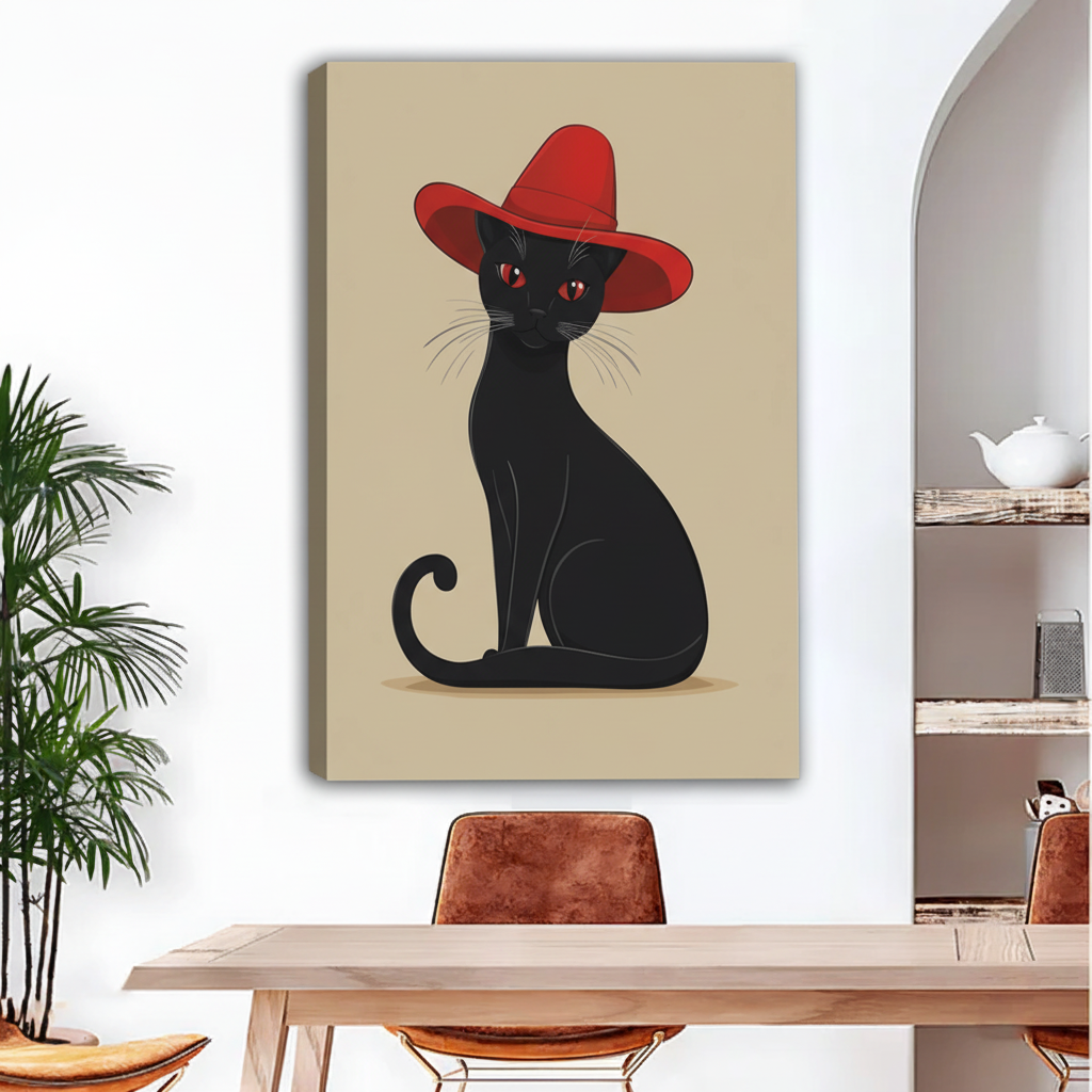 Gallery-wrapped black cat red hat canvas print, chic cat in wide brim hat on warm beige background, frameless wall art for modern dining room
