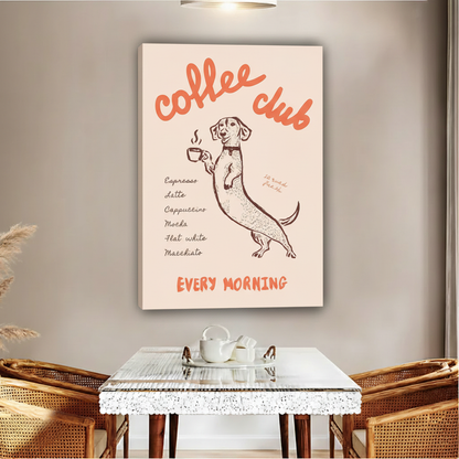 Standing dachshund holding coffee cup coffee club every morning retro illustration float frame canvas wall art above glass dining table with rattan chairs and white tea set in contemporary boho dining room