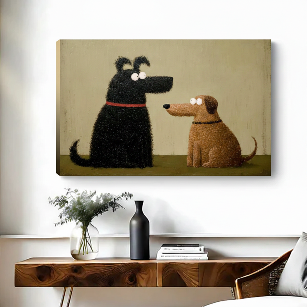 Whimsical big black dog and small brown dog face to face cartoon float frame canvas wall art above wooden console table with black vase and stacked books in contemporary hallway