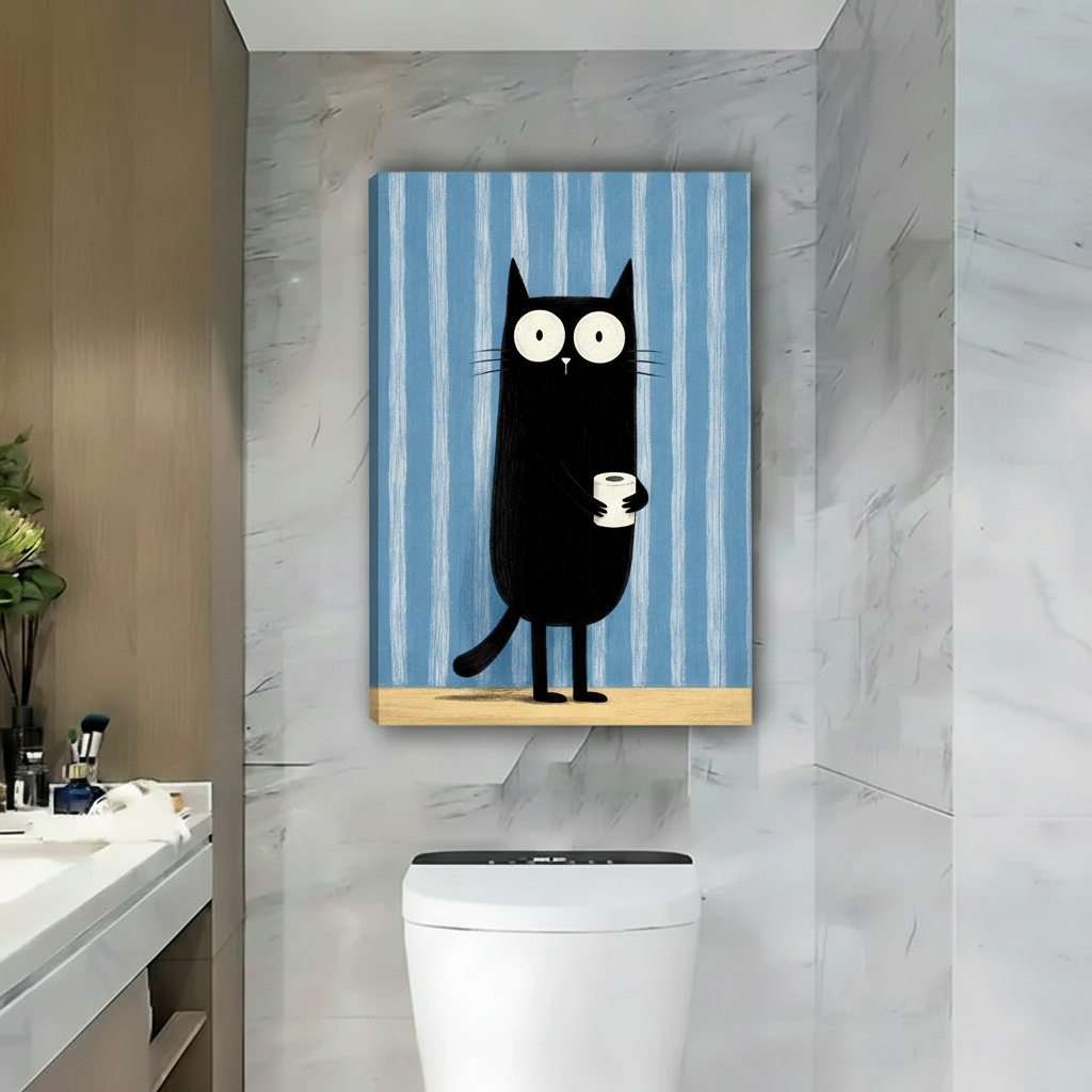 Black cat with toilet paper roll canvas wall art, frameless gallery wrap, blue striped illustration, displayed in a modern marble bathroom