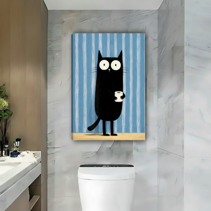 Black cat with toilet paper roll canvas wall art, frameless gallery wrap, blue striped illustration, displayed in a modern marble bathroom