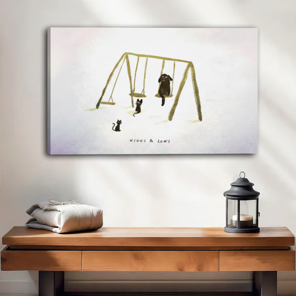 Dog and cat playground swing "Highs & Lows" canvas wall art, frameless gallery wrap, whimsical minimalist illustration, hung above a wooden console in a cozy neutral entryway