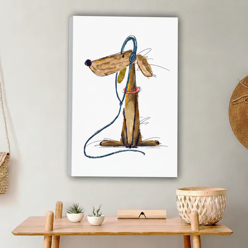 Quirky long-eared dog blue headphones pink collar funny illustration float frame canvas wall art above wooden console table with white succulents and wicker basket in contemporary entryway