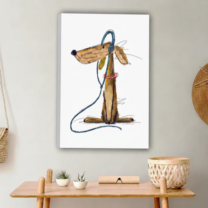 Quirky long-eared dog blue headphones pink collar funny illustration float frame canvas wall art above wooden console table with white succulents and wicker basket in contemporary entryway