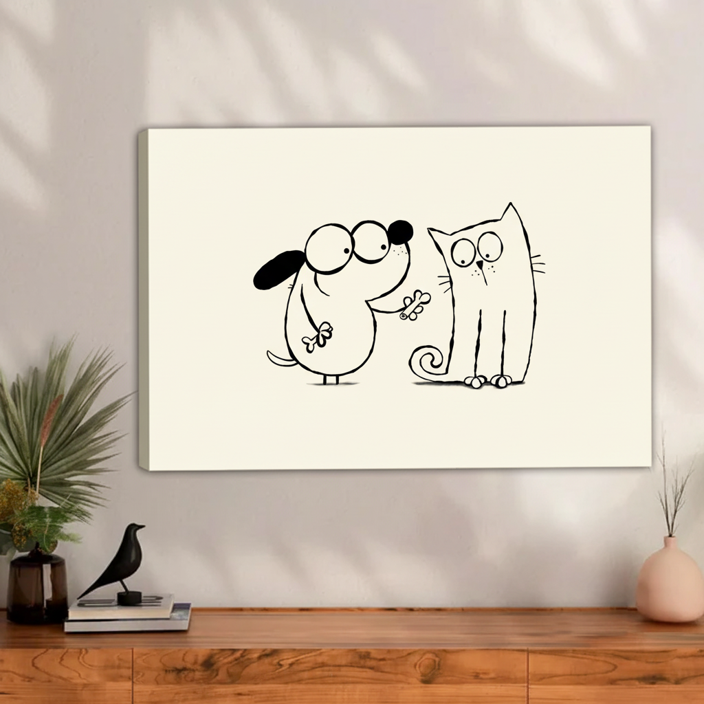 Cute dog sharing bone with cat minimalist line art float frame canvas wall art above walnut sideboard with black bird sculpture and pink ceramic vase in contemporary living room