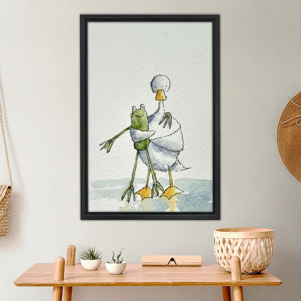 Adorable Duck Holding Frog Art Print - Cute Animal Friendship Wall Decor|Liberty Signs #L653
