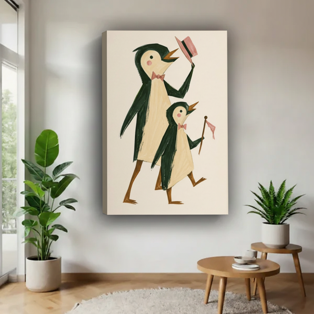 Funny penguin dad and chick parading pink bow tie flag float frame canvas wall art on white wall with fiddle leaf fig and round oak side table in contemporary living room