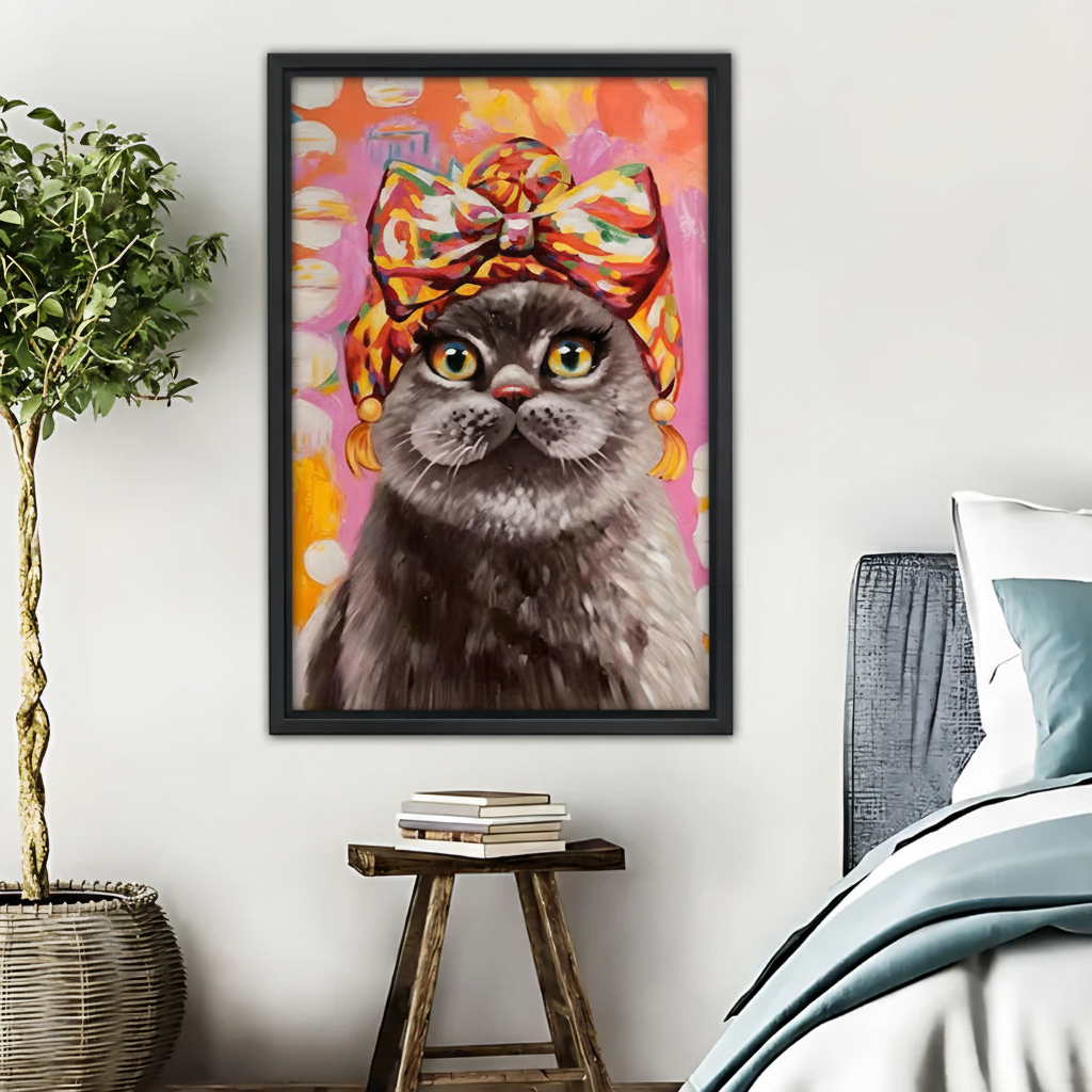 Cat with Bow Wall Art - Whimsical Colorful Animal Print|Liberty Signs #L459