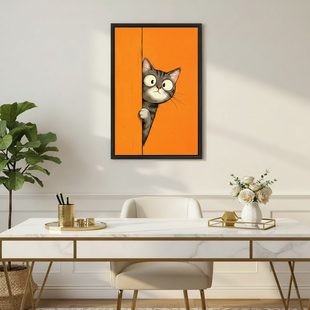 Cartoon gray cat framed print displayed above wooden desk in home office
