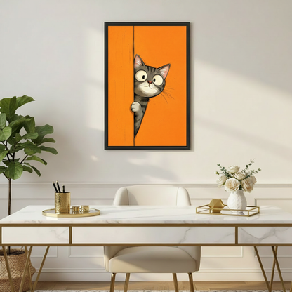 Cartoon gray cat framed print displayed above wooden desk in home office
