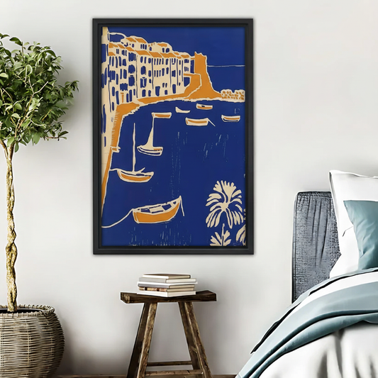 Mediterranean Coastal Village Art Print - Blue & Orange Wall Decor|Liberty Signs #L515
