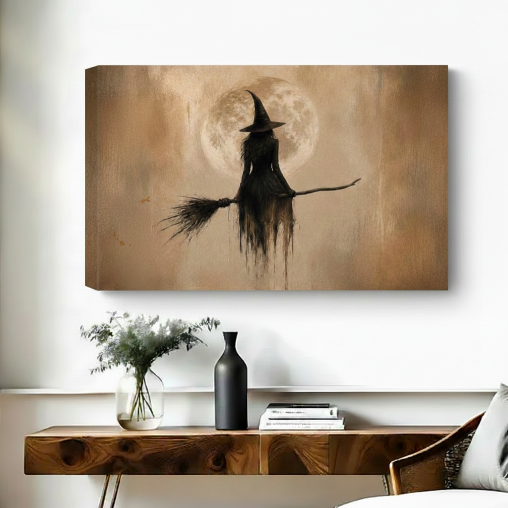 Gothic Moonlit Witch Canvas Wall Art | Framed & Unframed l4196
