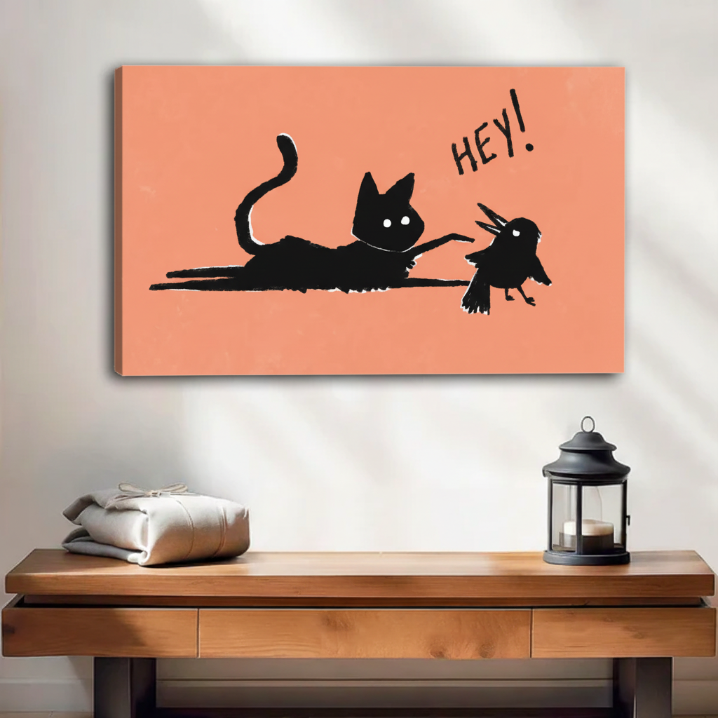 Funny black cat poking a bird on coral background canvas art — gallery wrap print for modern home decor