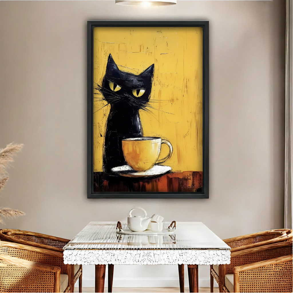 Black cat coffee wall art print in black float frame above dining table, expressionist oil painting style
