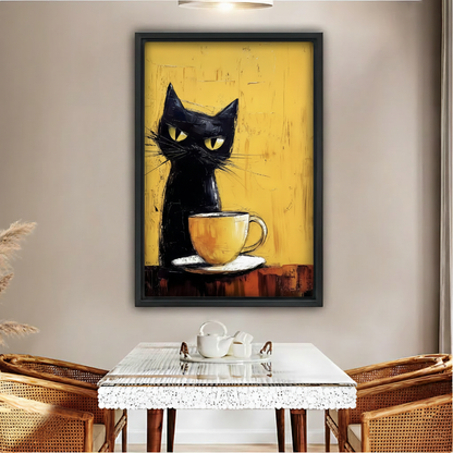 Black cat coffee wall art print in black float frame above dining table, expressionist oil painting style