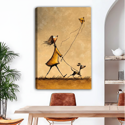 Woman holding whimsical girl walking dog kite canvas wall art print, charming vintage sketch gift idea for dog lover home decoration
