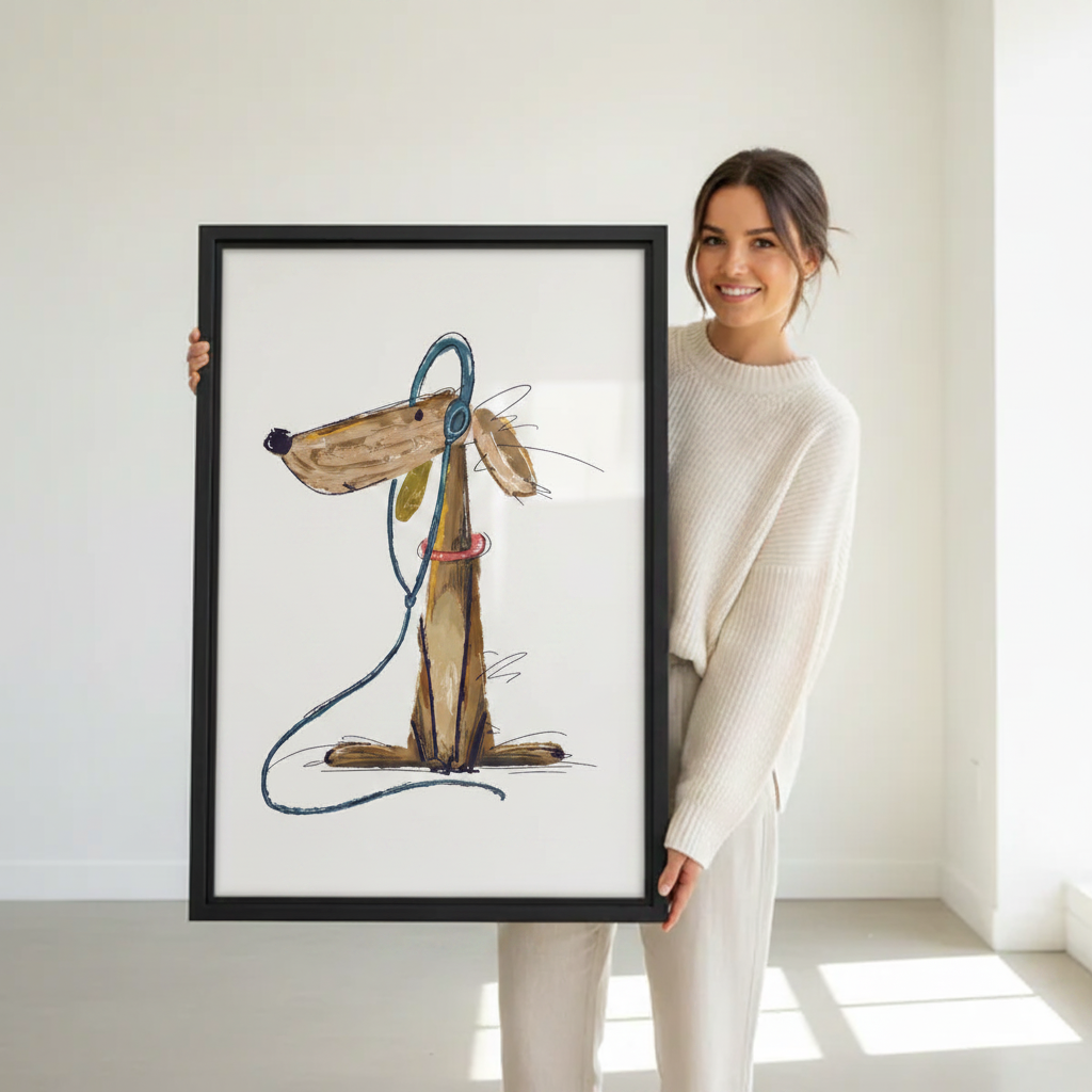 Woman holding large framed funny dog with blue headphones pink collar humorous illustration wall art print in black frame showing actual print size in bright minimalist white studio