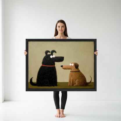 Woman holding large framed funny black dog and brown dog cartoon oil painting wall art print in black frame showing actual print size in bright white studio