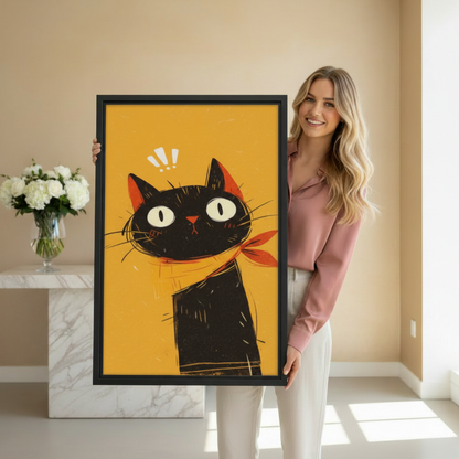Woman holding large framed funny surprised black cat orange bandana yellow background wall art print in black frame showing actual print size in bright beige studio with white roses
