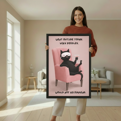 Woman holding large framed went outside today very peopley would not recommend black cat wall art print showing actual print size in bright beige living room