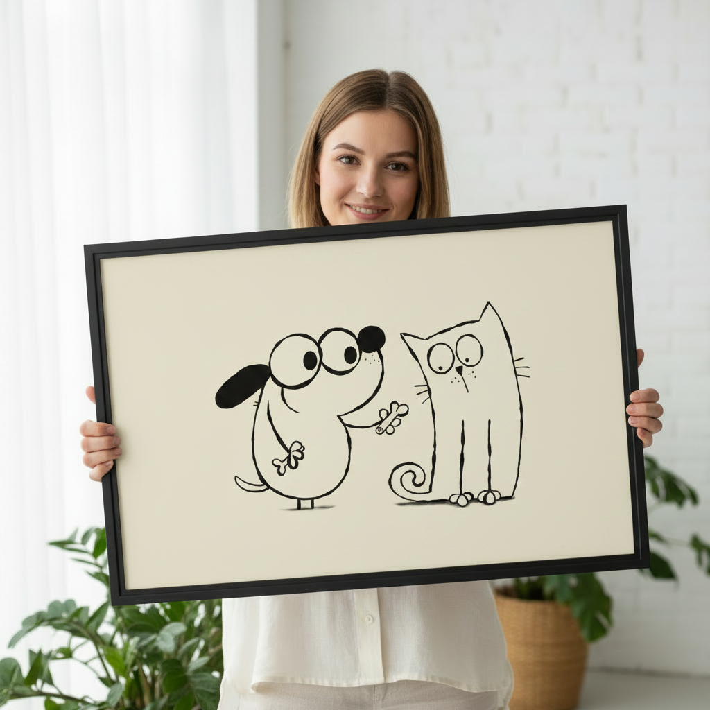 Woman holding large framed funny dog and cat bone minimalist line drawing wall art print in black frame showing actual print size in bright white studio with green plants
