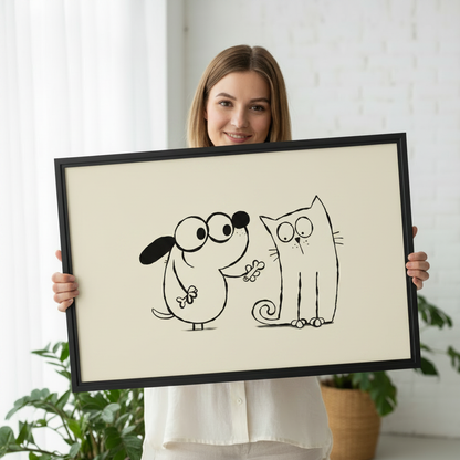 Woman holding large framed funny dog and cat bone minimalist line drawing wall art print in black frame showing actual print size in bright white studio with green plants