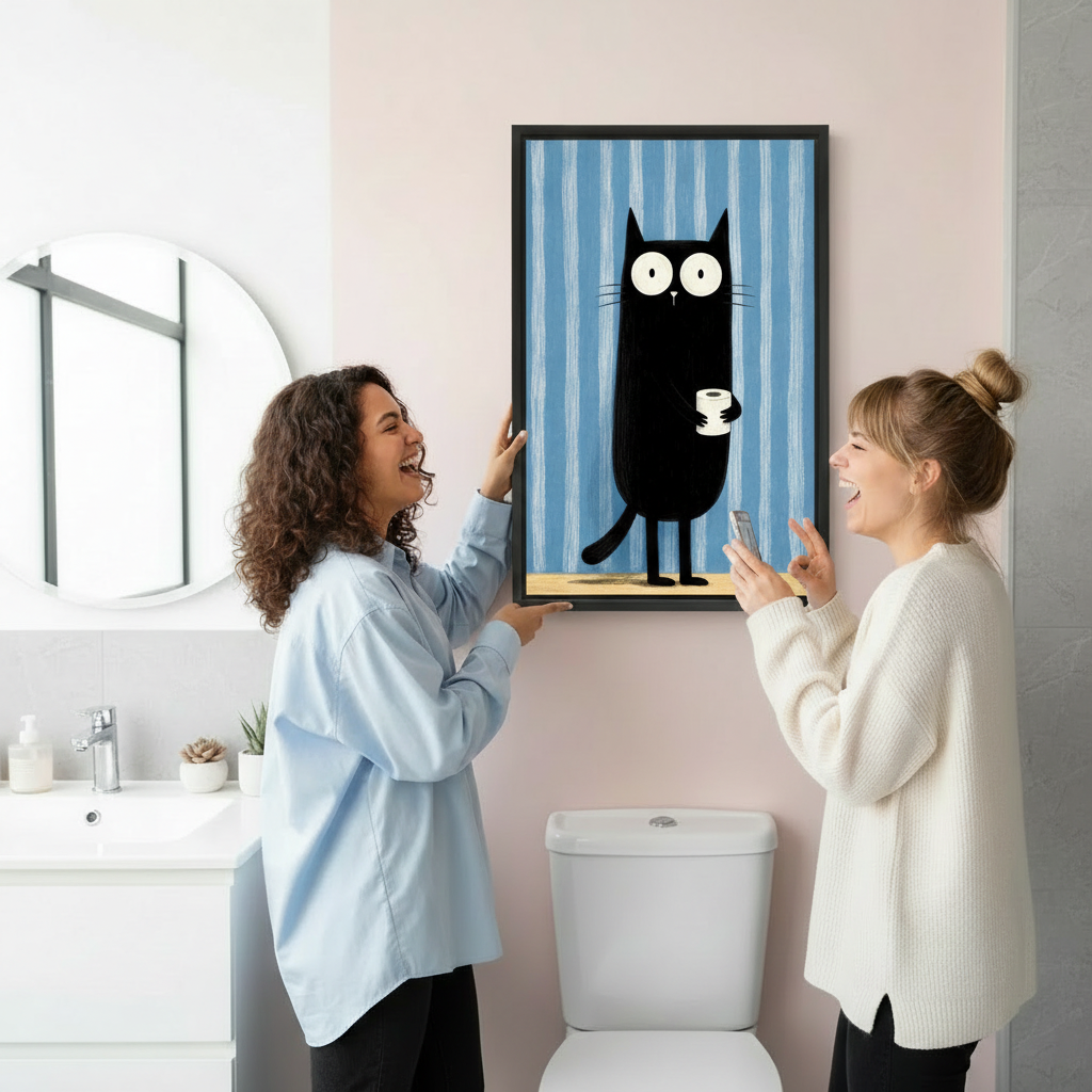 Two women laughing while hanging funny black cat toilet paper framed art print, showing actual print size in a bright white bathroom