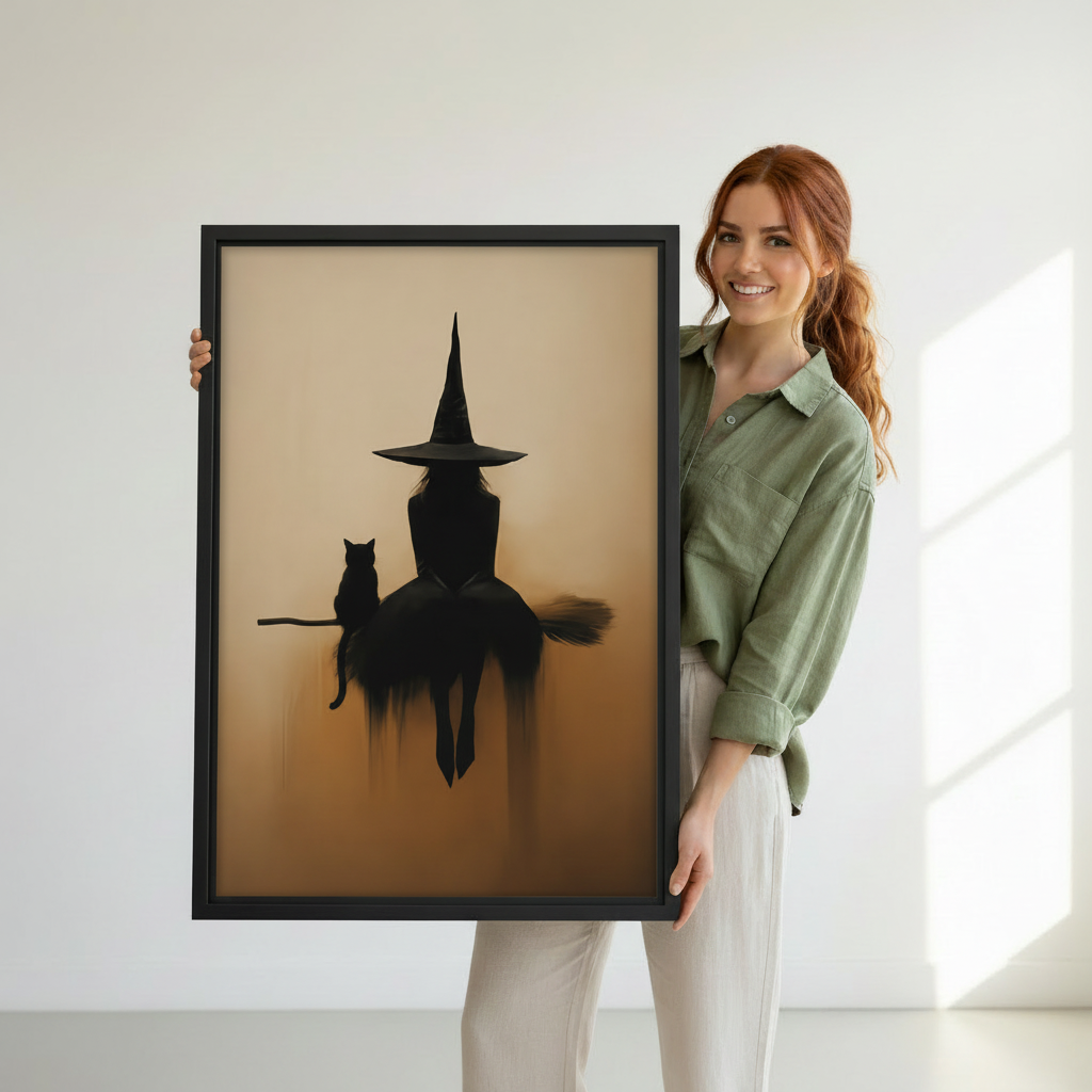 Woman holding large framed witch and black cat on broomstick silhouette wall art print, black frame, dark luxury amber oil painting style, showing actual print size in a bright modern studio