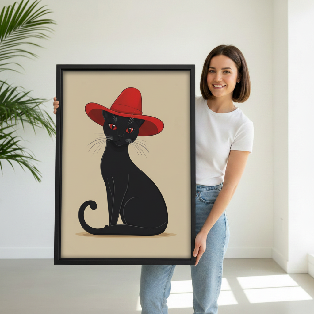 Woman holding large framed black cat red hat art print, stylish cat in wide brim red hat on beige background, premium black frame canvas wall art gift for cat lovers