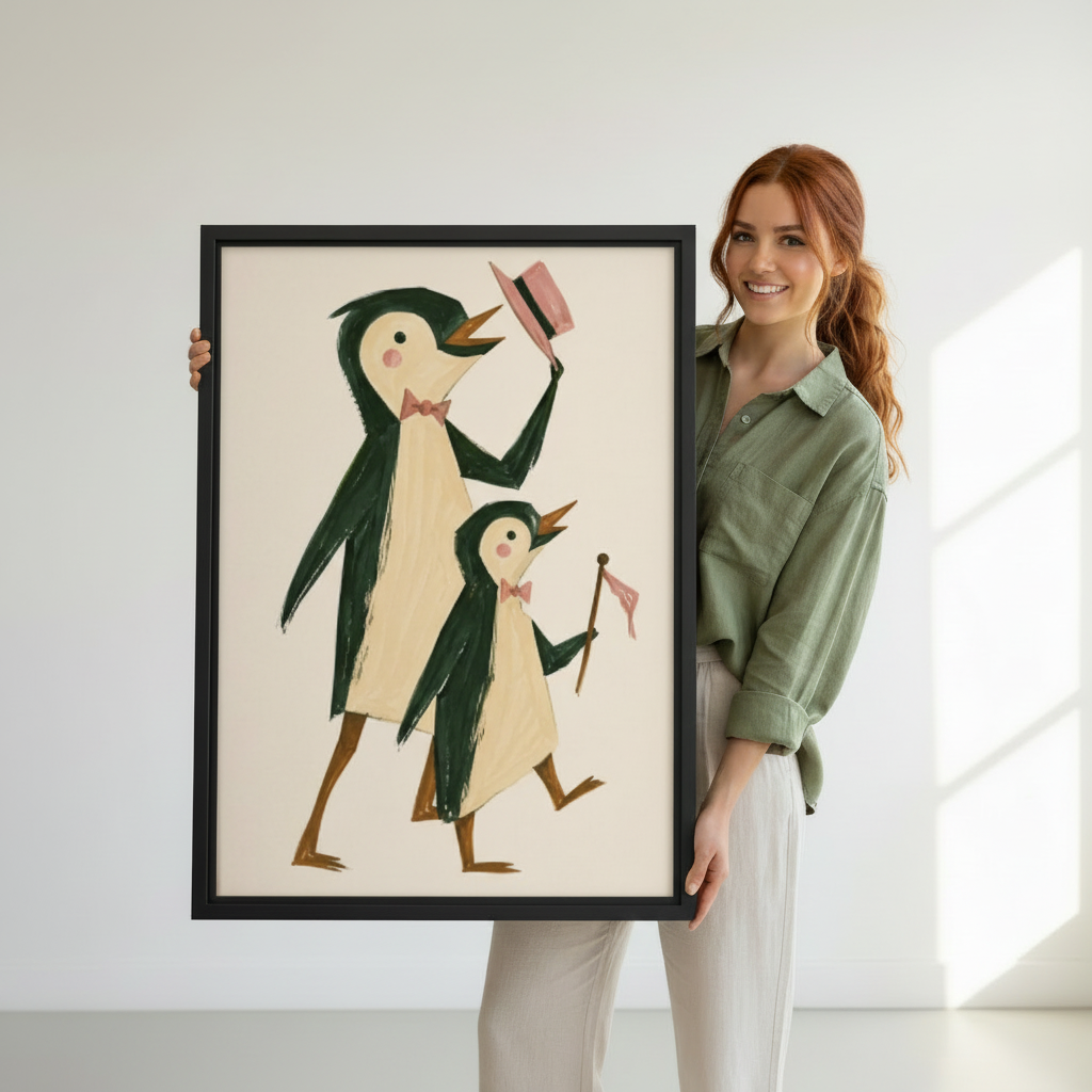 Woman holding large framed whimsical penguin father and baby marching retro illustration wall art print in black frame showing actual print size in bright white studio